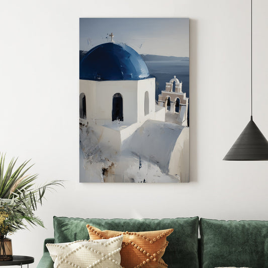 white and blue domed church in Santorini Greece painted in soft oil style