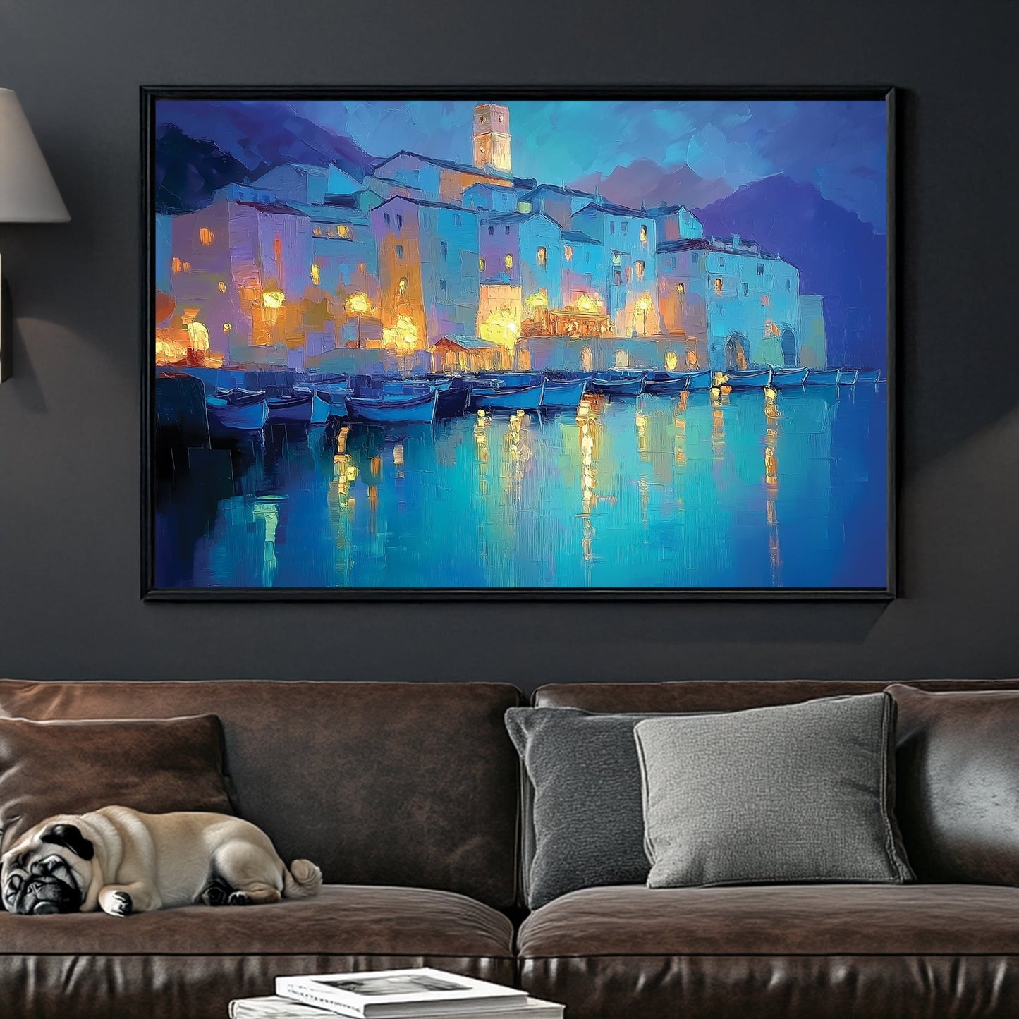 dreamy mediterranean village at night wall art with glowing reflections on water
