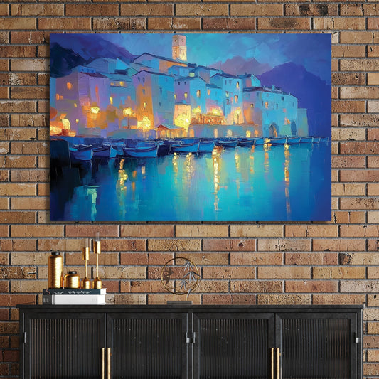 dreamy mediterranean village at night wall art with glowing reflections on water