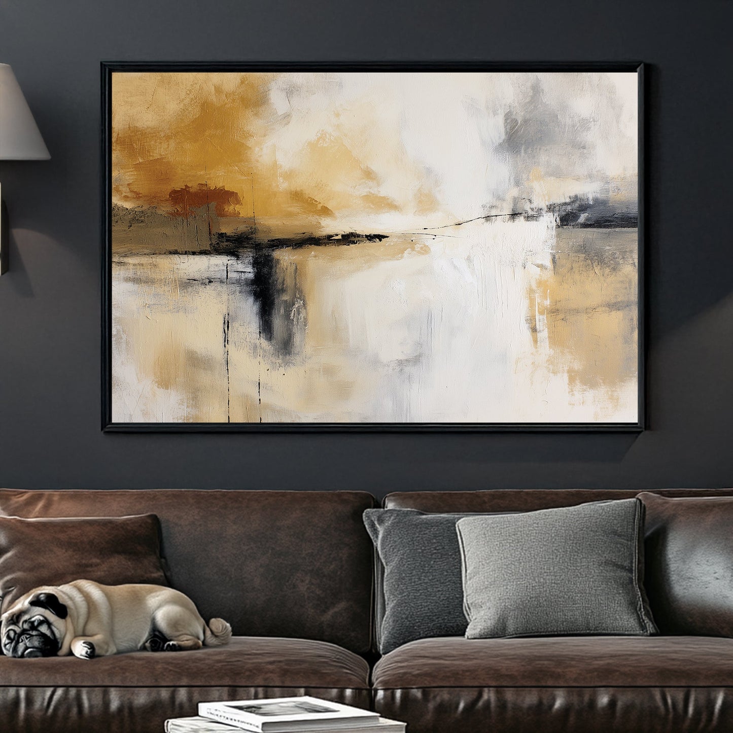 neutral abstract wall art in beige and grey with textured brushstrokes