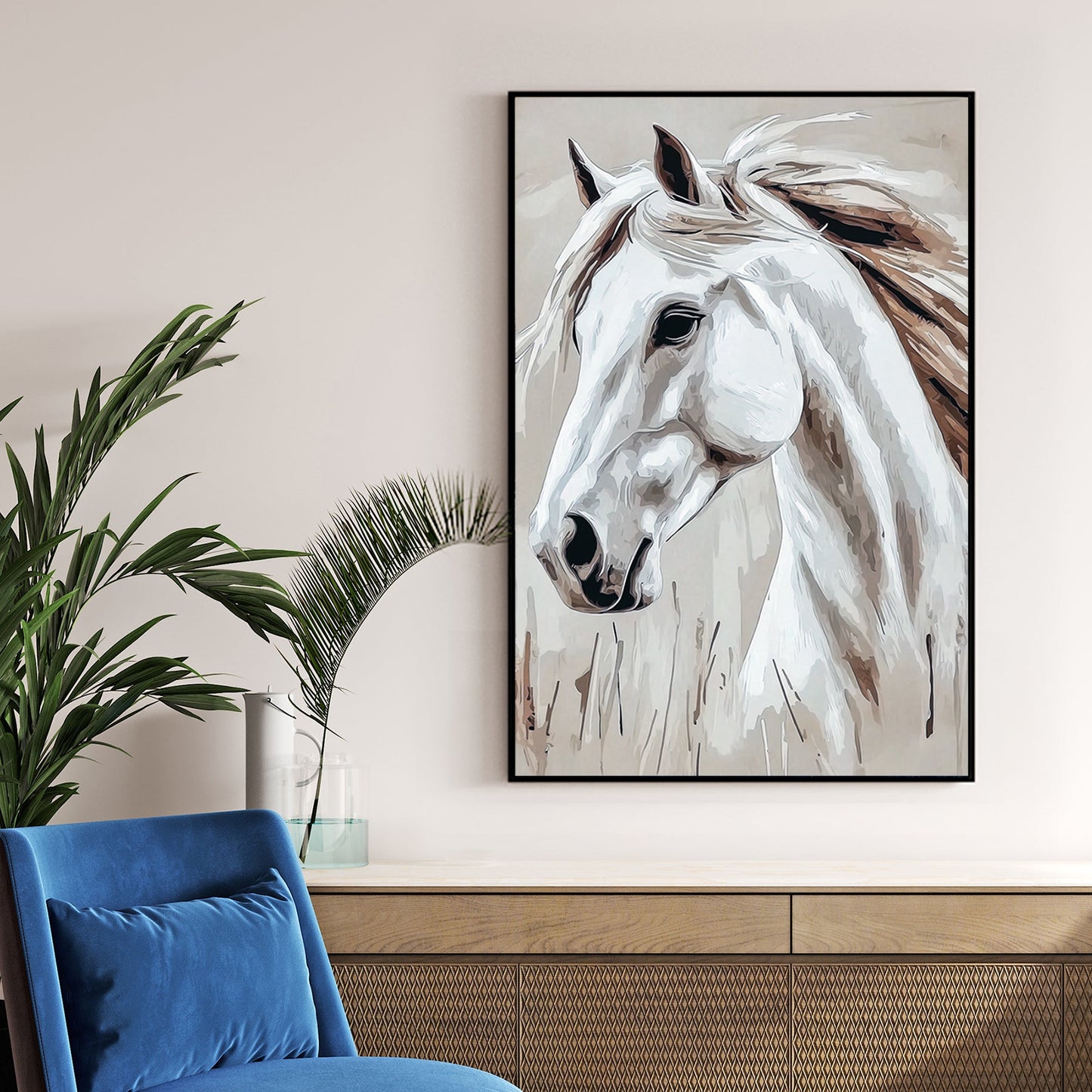 white horse wall art in minimalist neutral tones