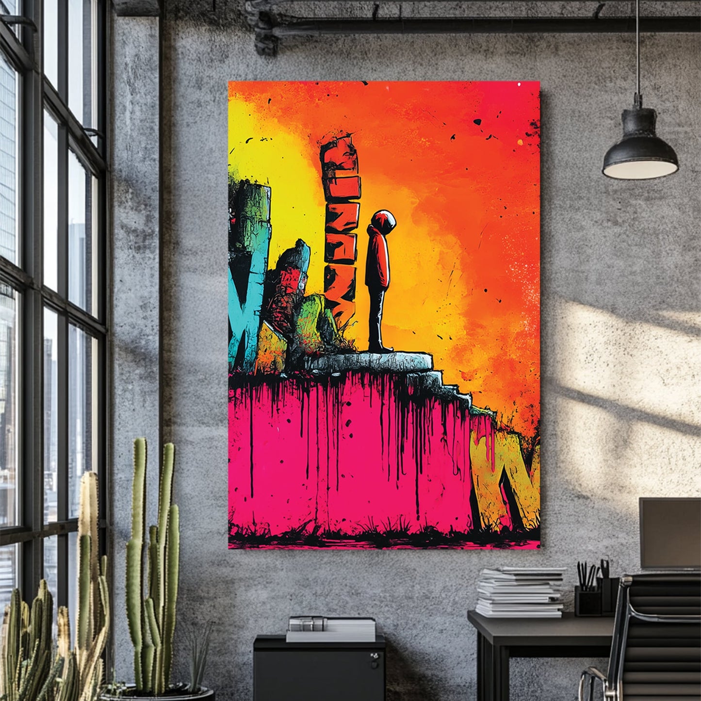 graffiti street art of hooded figure on neon background