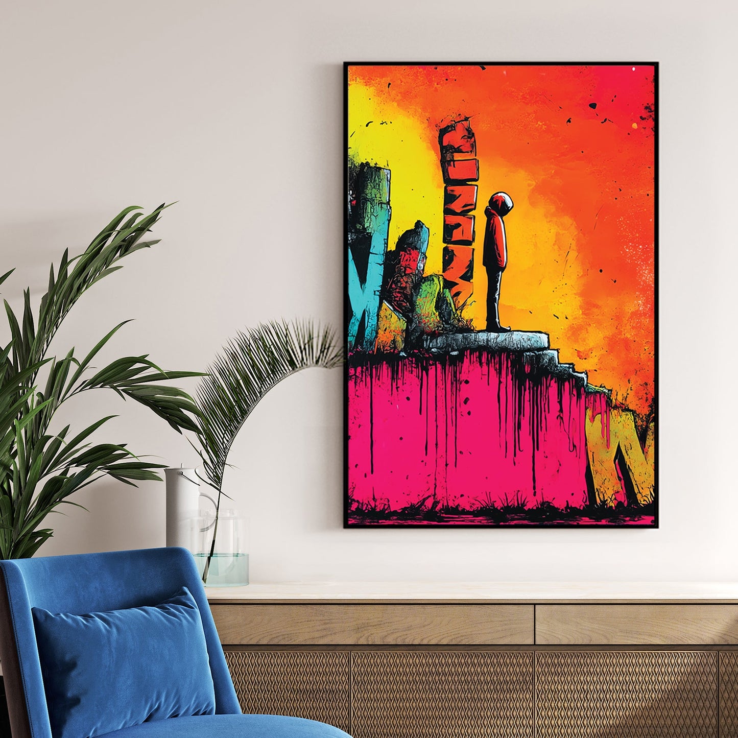 graffiti street art of hooded figure on neon background