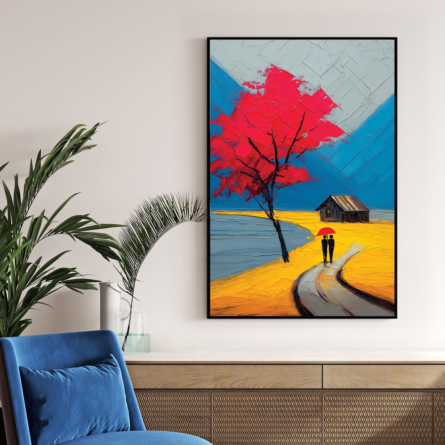 impasto-style painting of couple with red umbrella walking under red tree