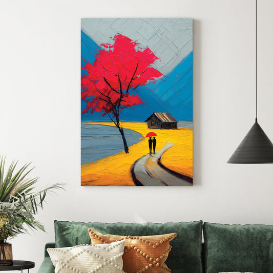impasto-style painting of couple with red umbrella walking under red tree