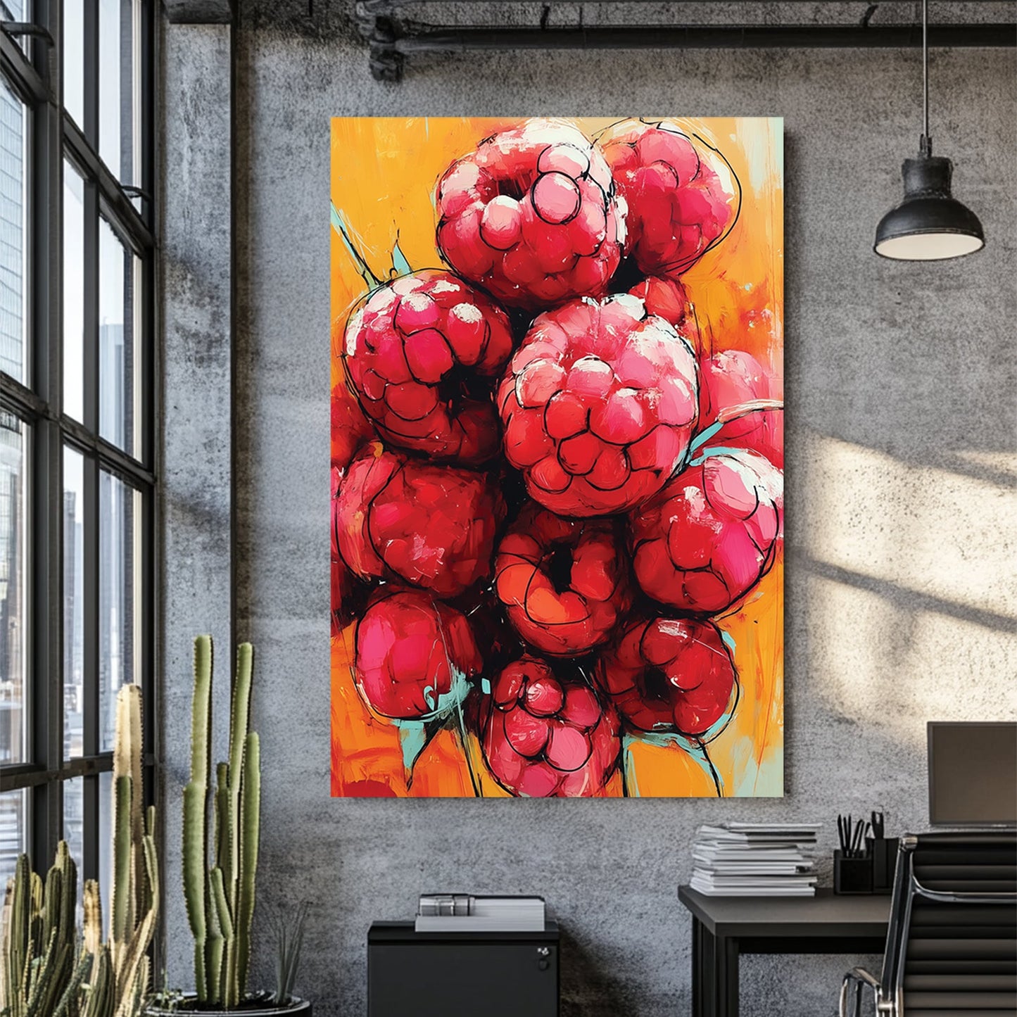 bold painting of raspberries on orange background