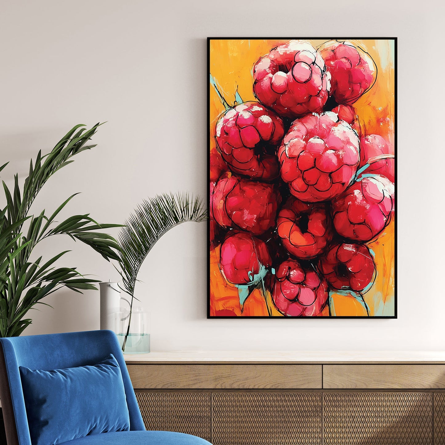 bold painting of raspberries on orange background