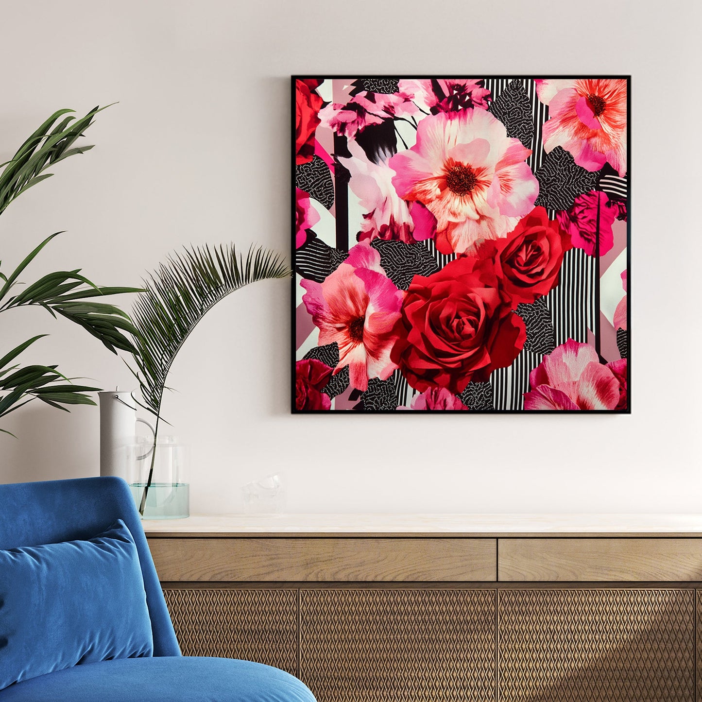 modern floral wall art with red roses and pink hibiscus on graphic background