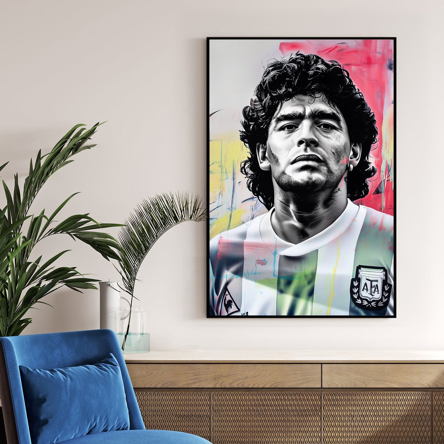 black and white Maradona portrait wall art with abstract graffiti-style colours