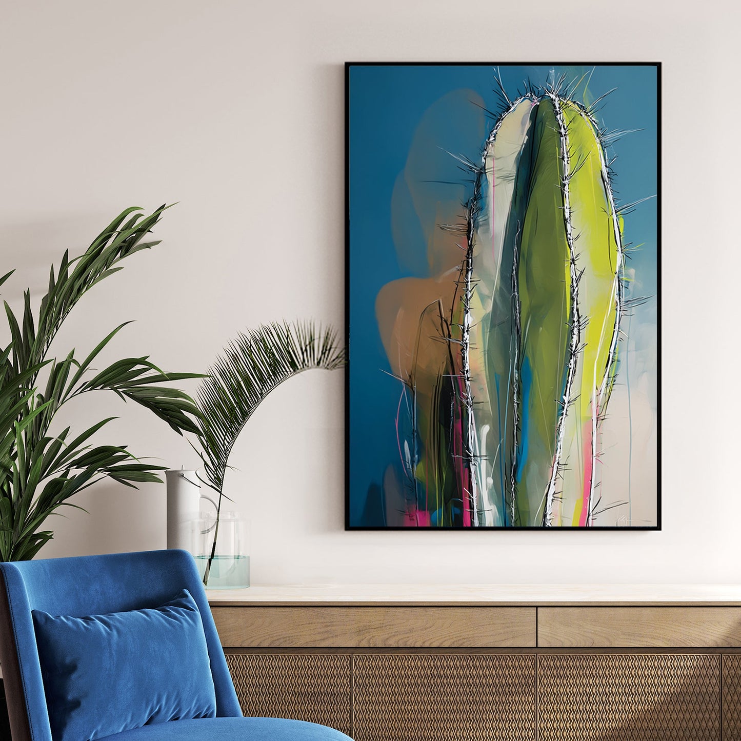 abstract cactus painting with colourful expressionist brushwork and blue background