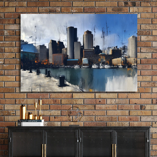 abstract painting of Boston skyline along waterfront with tall buildings and reflections