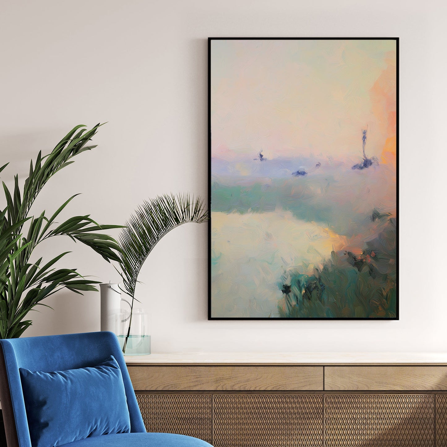 impressionist landscape painting of water and grassy shore with soft sunset pastel tones