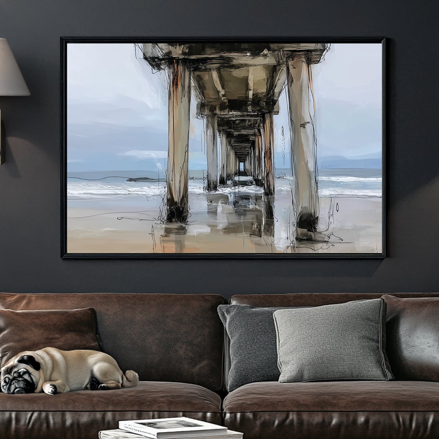 coastal painting of a pier over ocean water with beach reflections in soft neutral tones