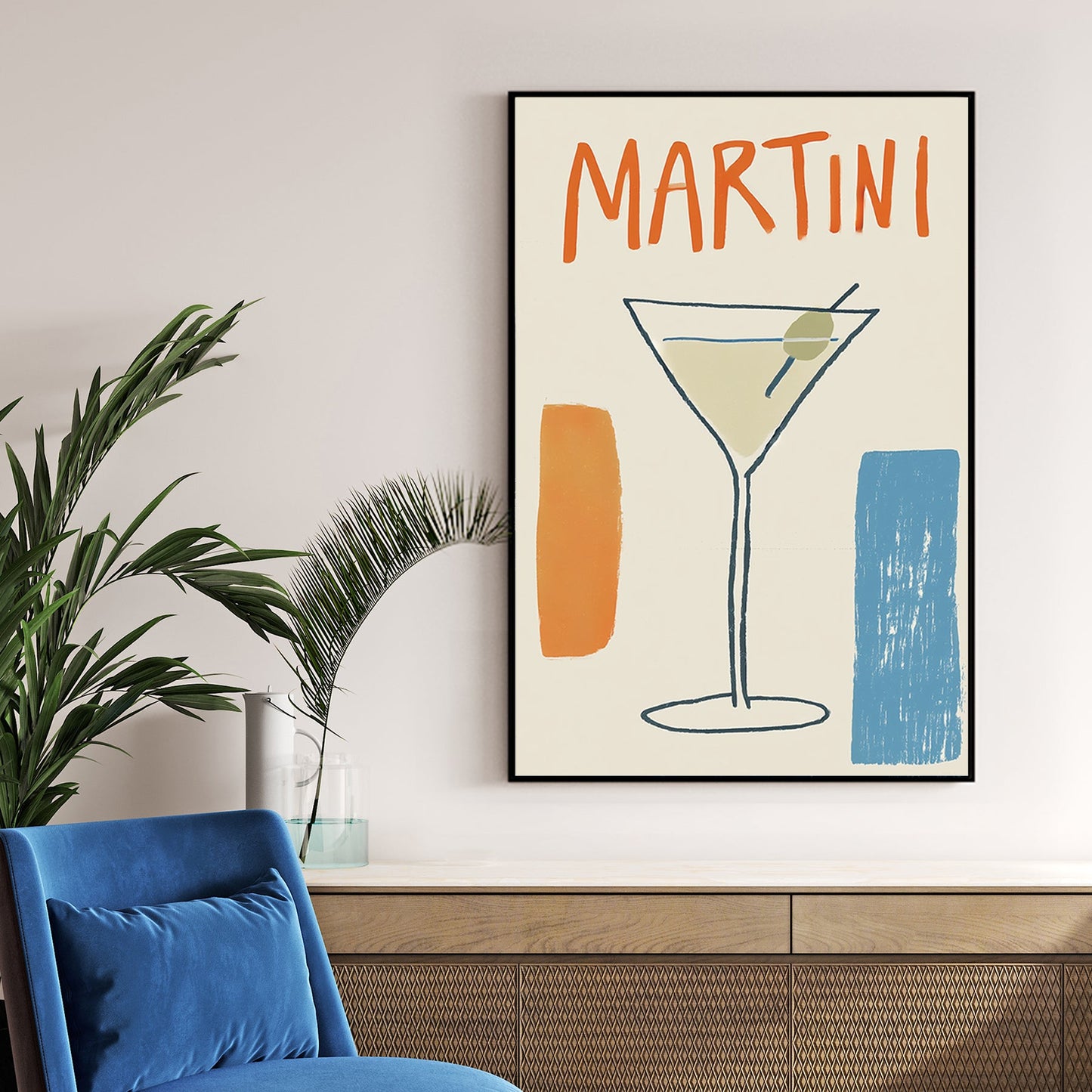 minimalist martini poster with abstract olive glass and retro typography in orange and blue