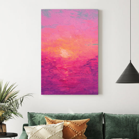textured pink and orange sunset painting with thick impressionist brushstrokes