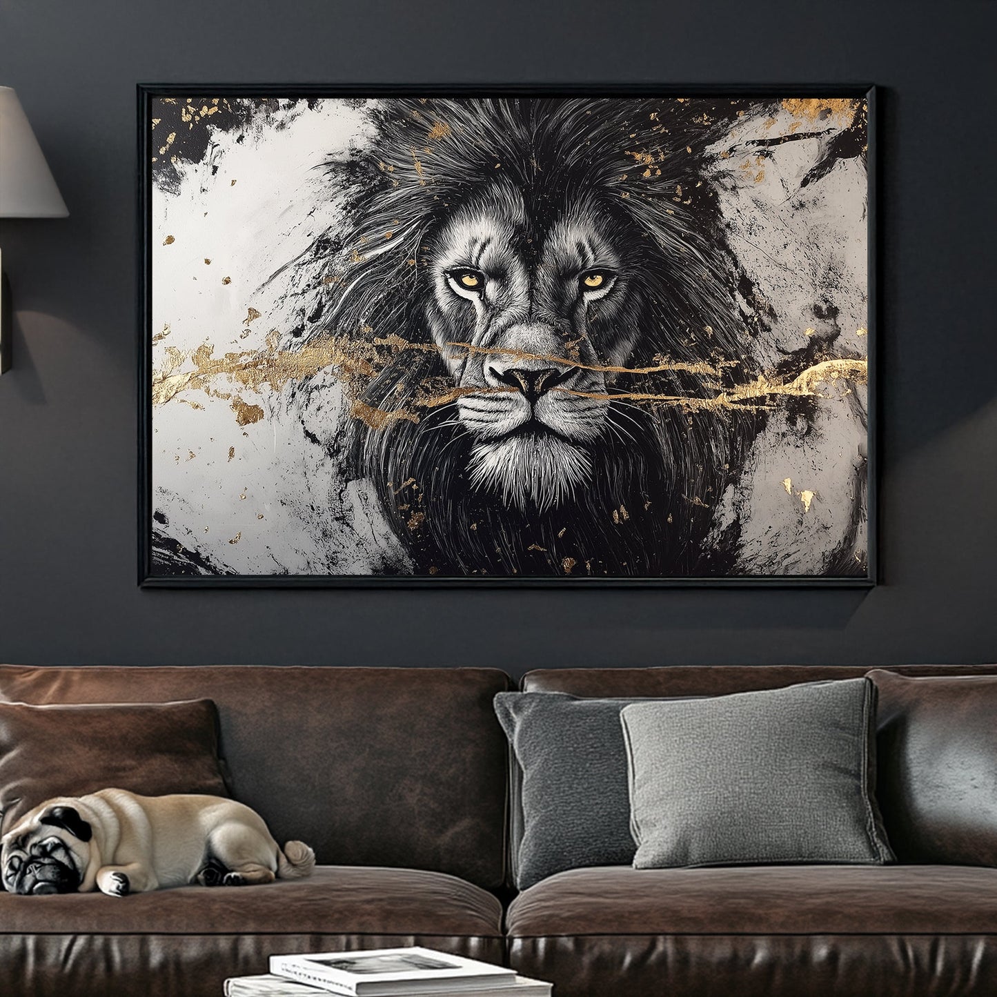 black and white lion wall art with gold foil accents and intense yellow eyes