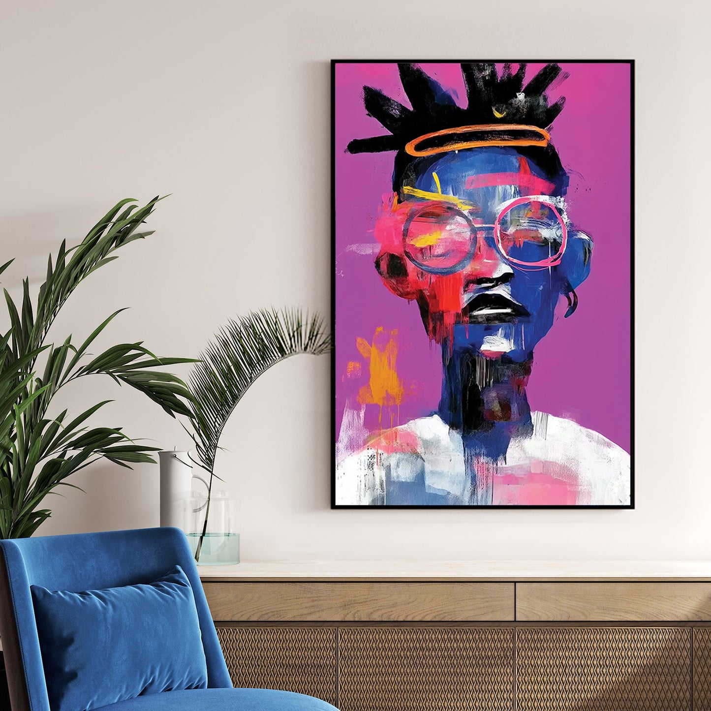 bold neon portrait wall art with glasses and afro on pink background