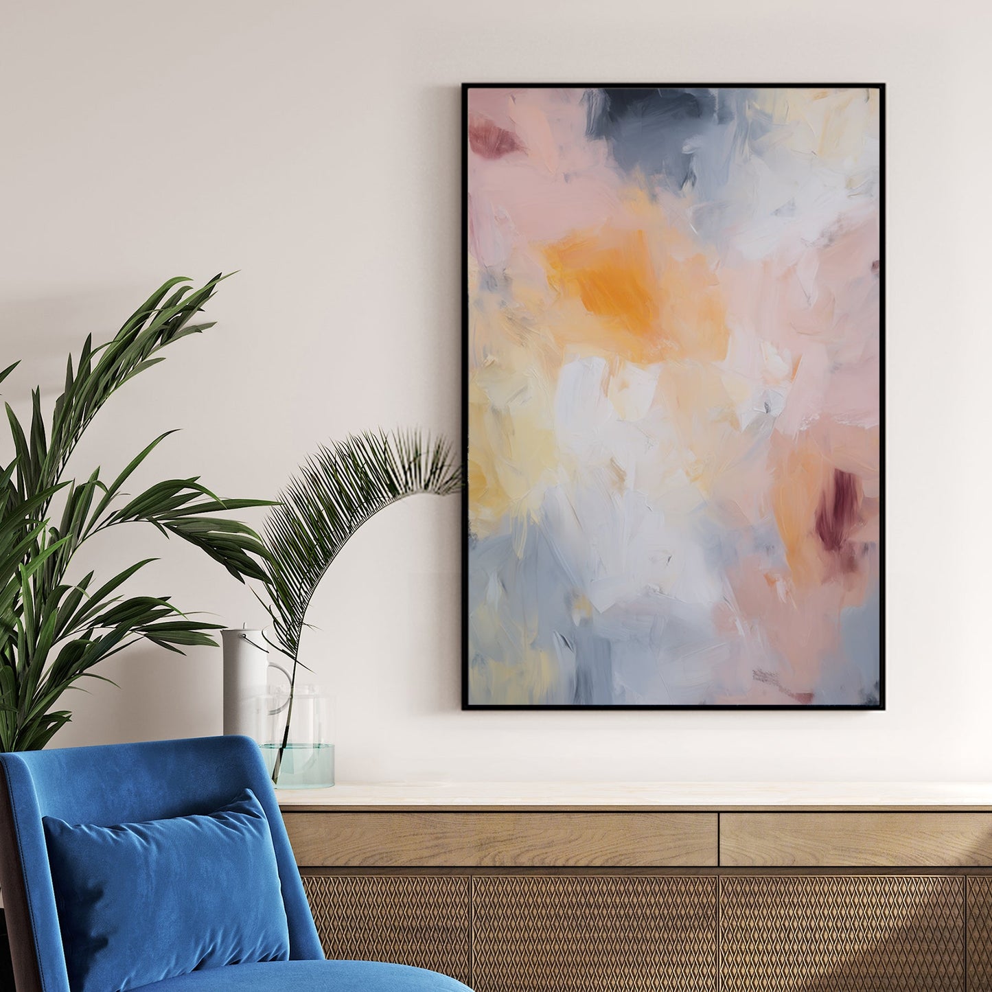 soft pastel abstract wall art with pink, yellow, and grey brushstrokes