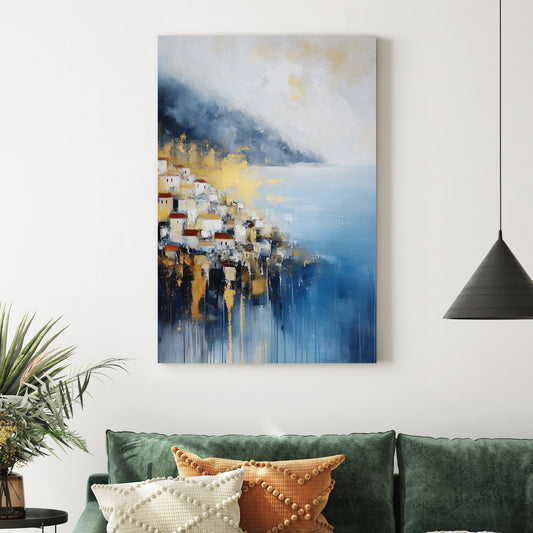 mediterranean coastal village wall art in blue and gold tones