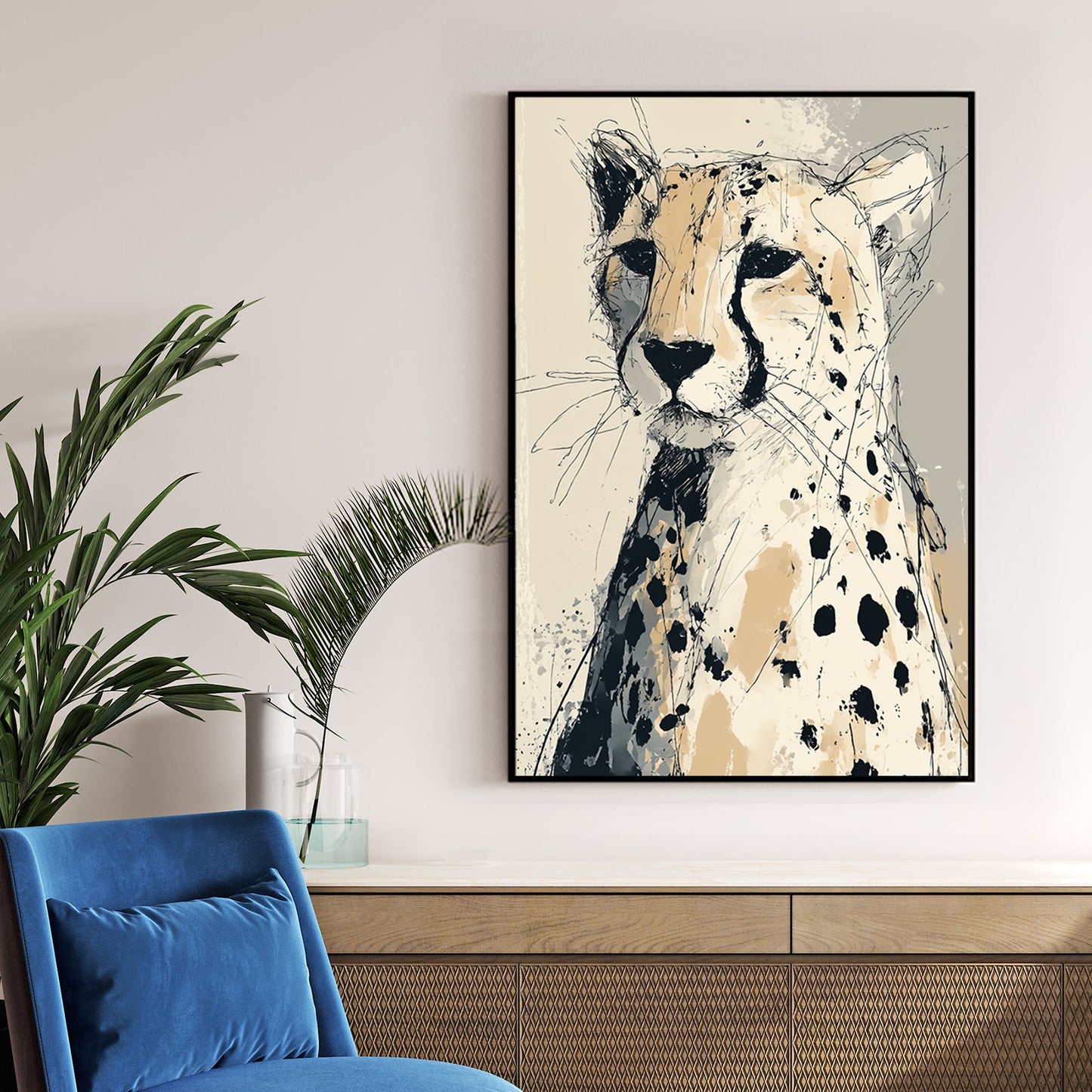 cheetah sketch wall art in neutral ink and splatter style