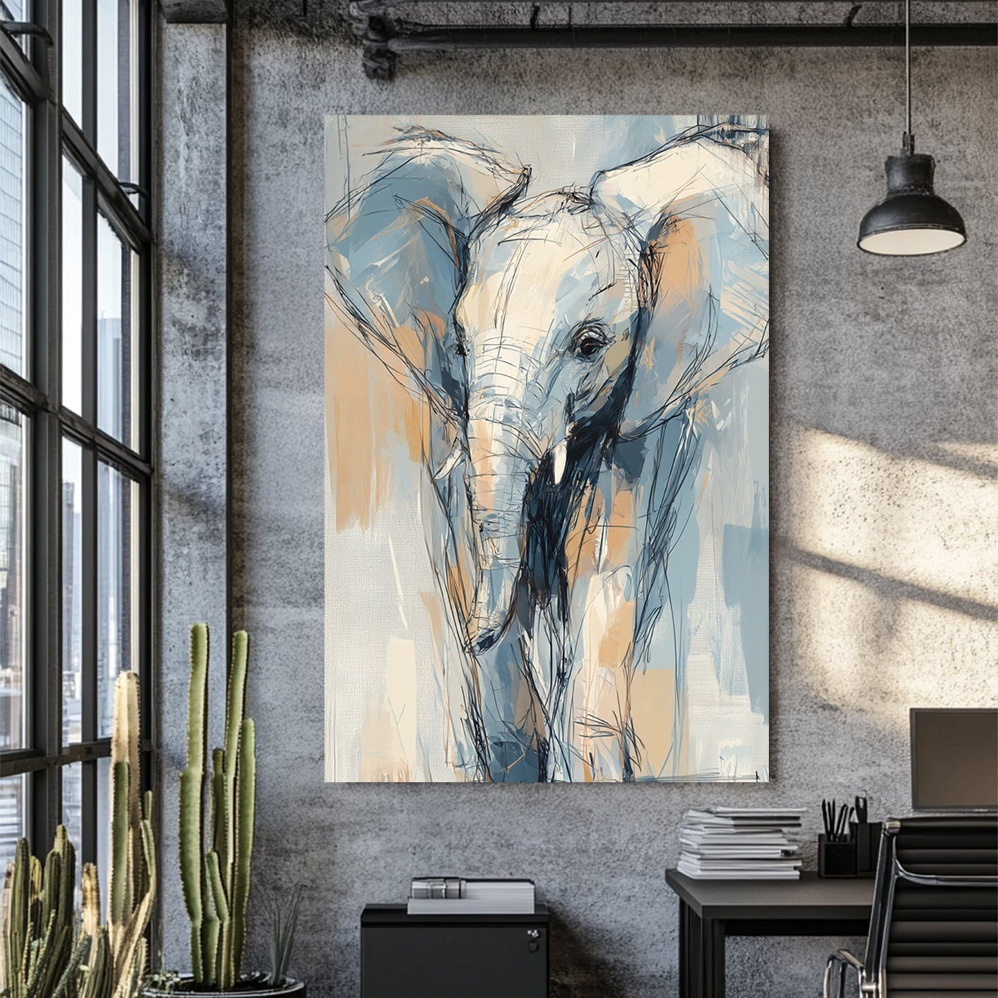 abstract elephant wall art in sketch style with blue and beige tones