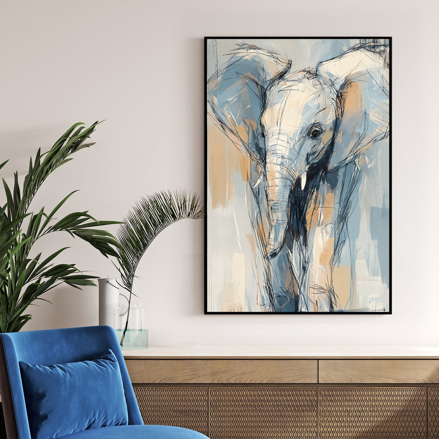 abstract elephant wall art in sketch style with blue and beige tones
