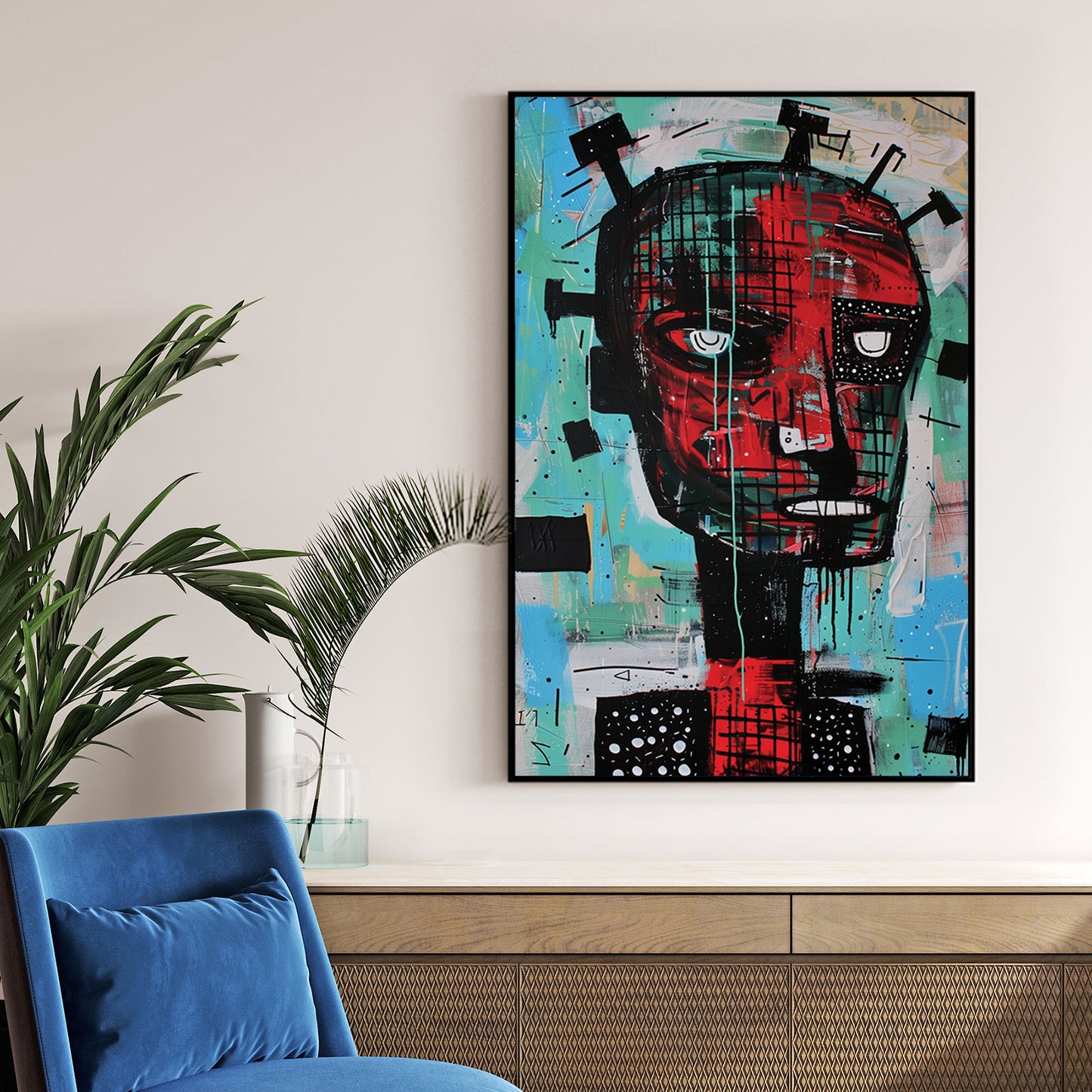 basquiat-style abstract humanoid face in red and turquoise graffiti art