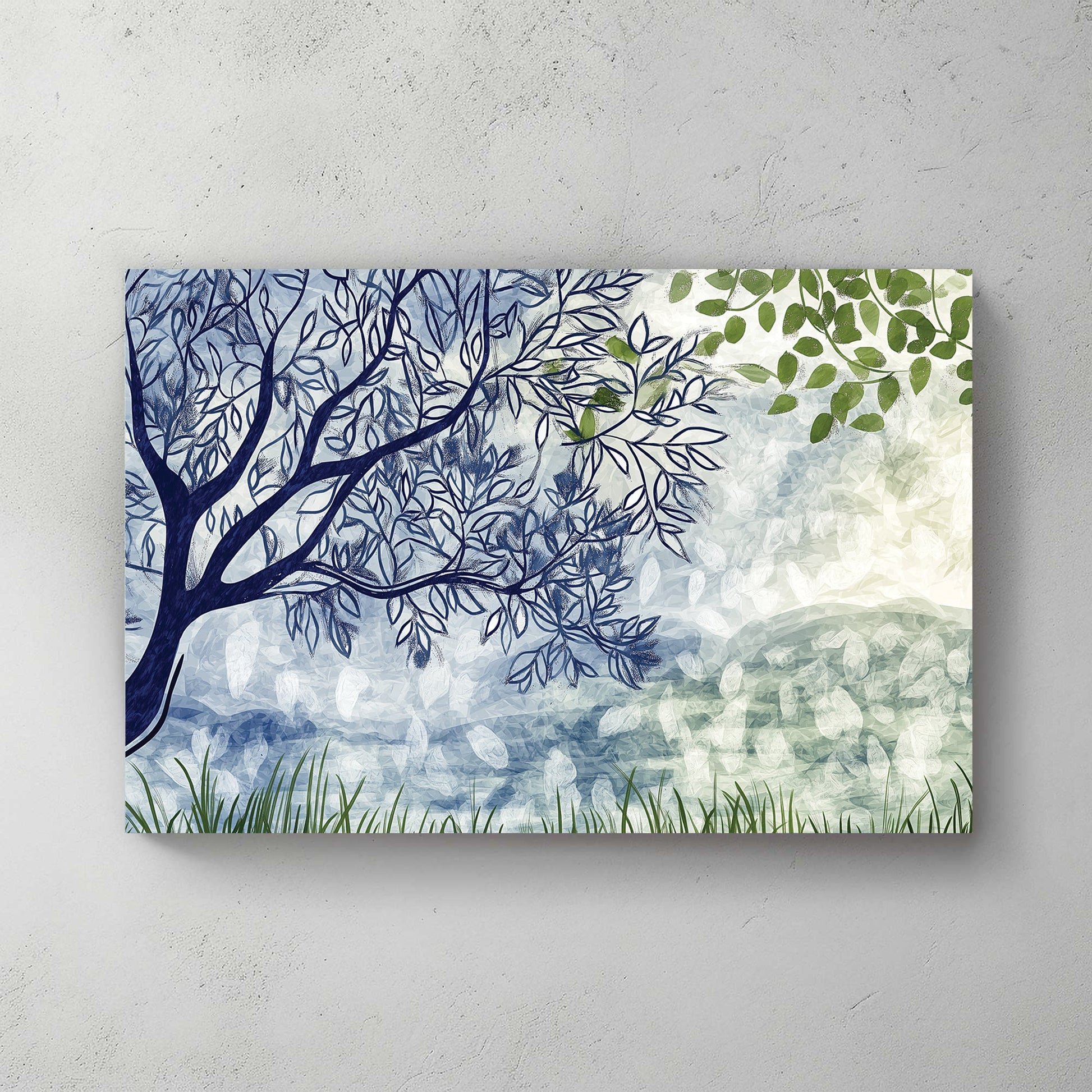 minimalist tree and leaf landscape with soft blue and green tones