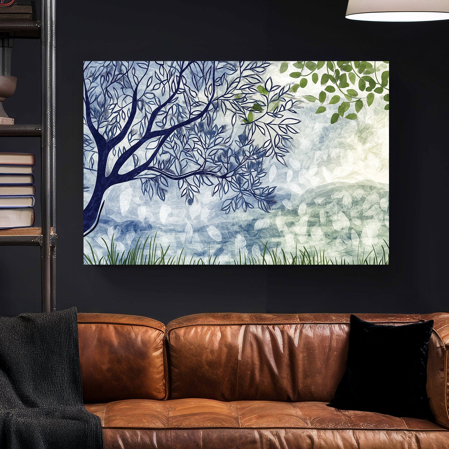 minimalist tree and leaf landscape with soft blue and green tones