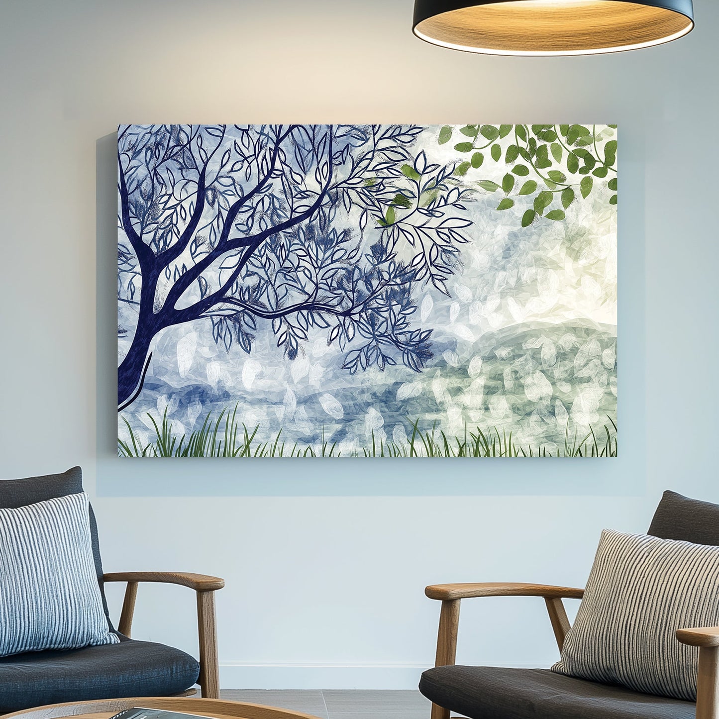 minimalist tree and leaf landscape with soft blue and green tones