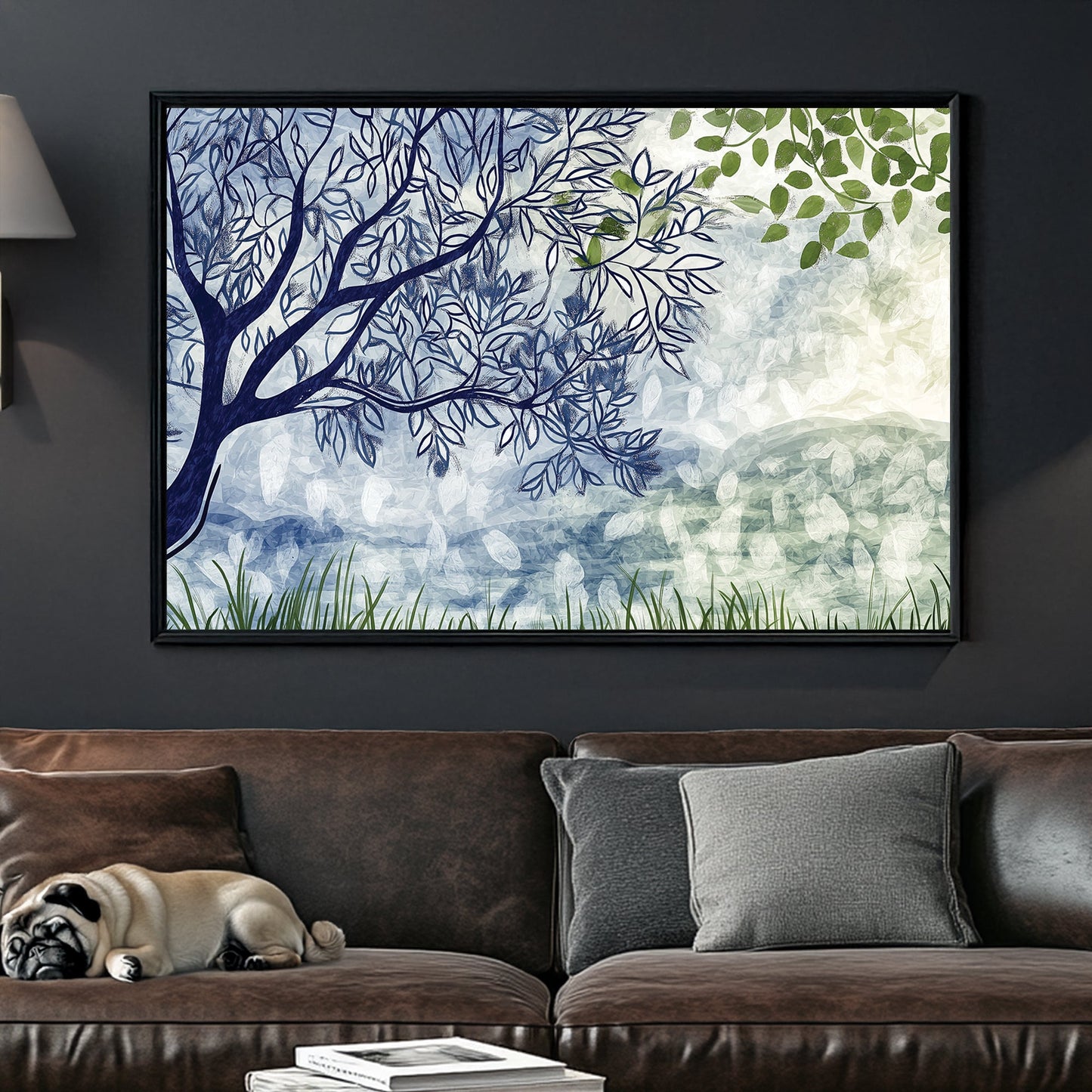 minimalist tree and leaf landscape with soft blue and green tones