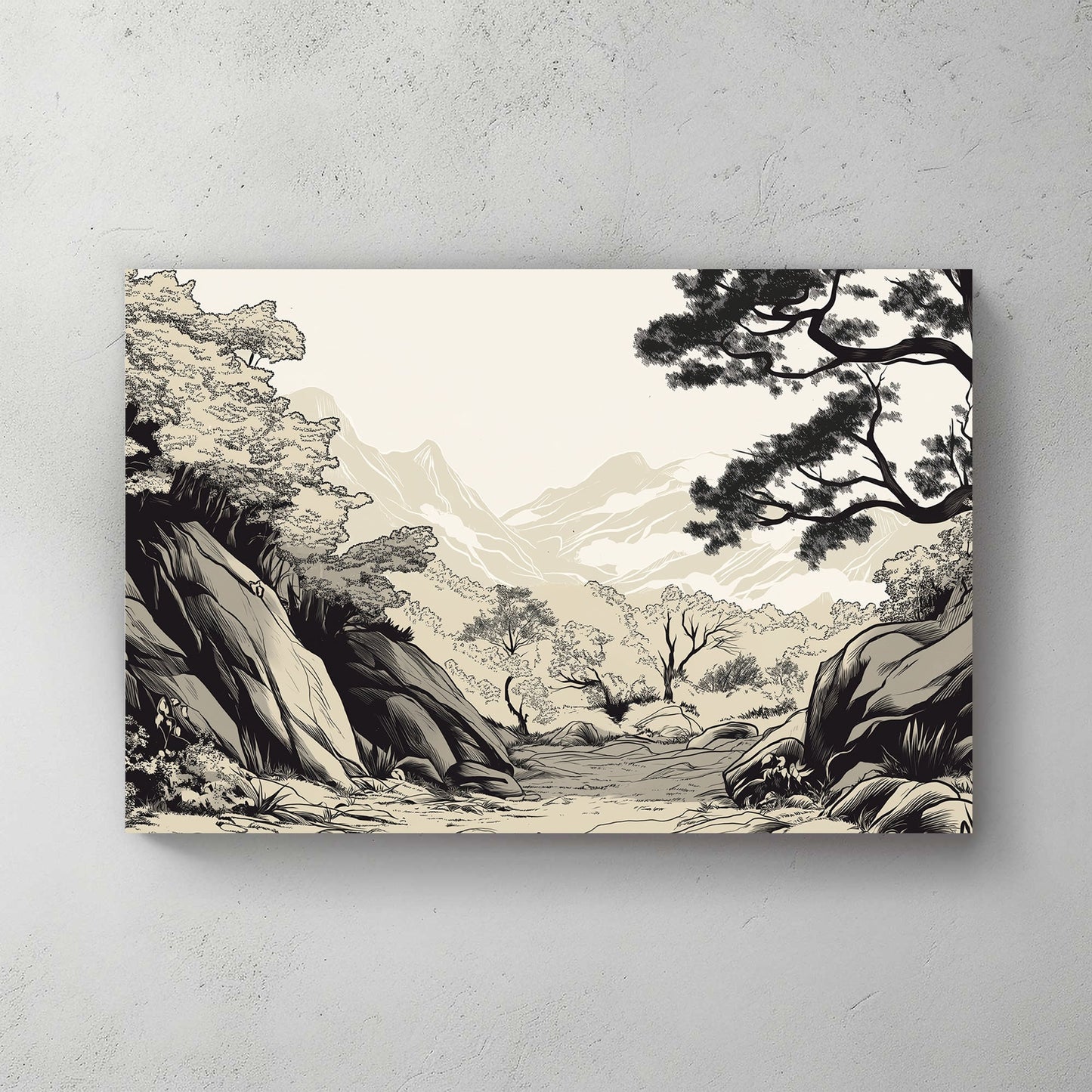 japanese ink art style valley landscape with trees and mountains in black and beige