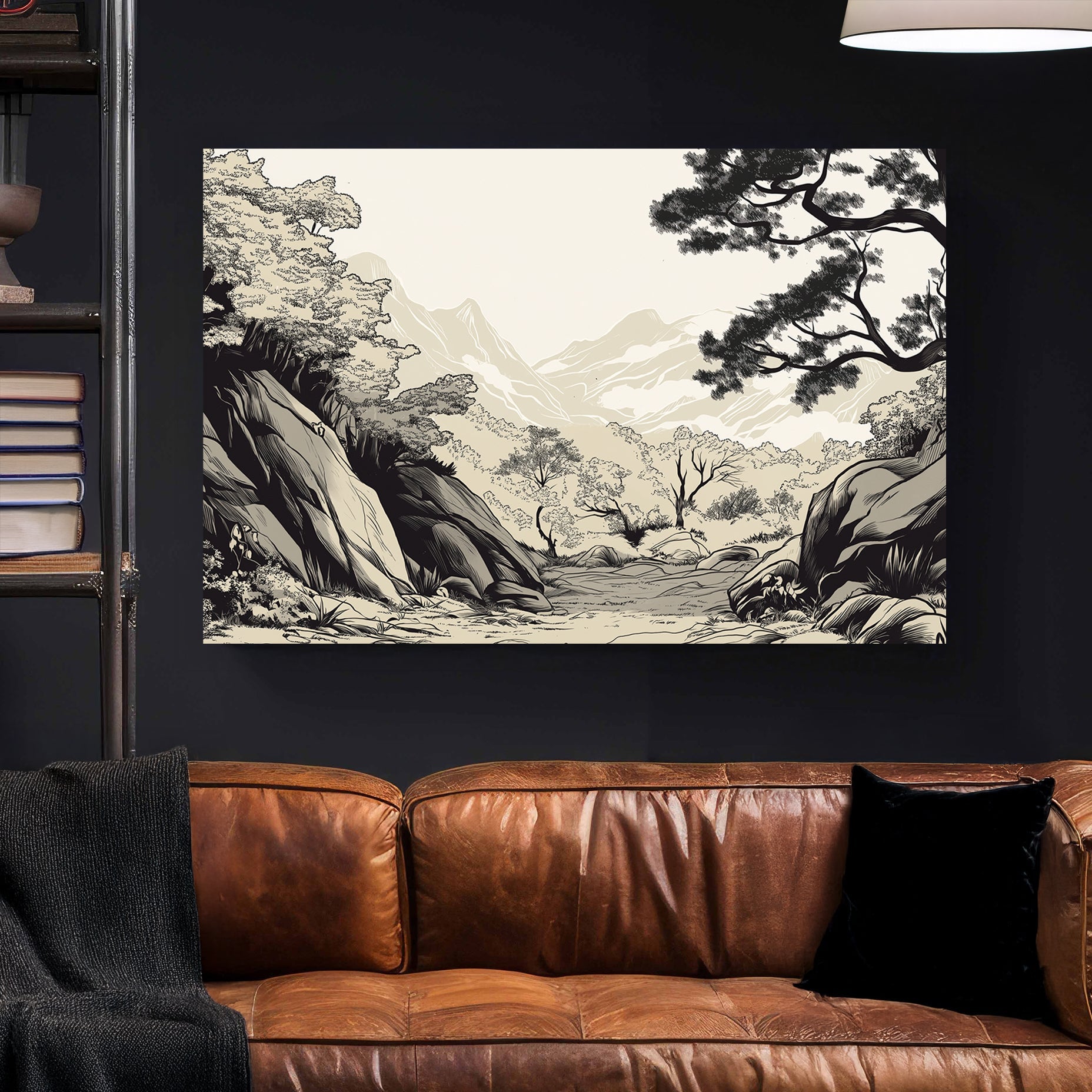 japanese ink art style valley landscape with trees and mountains in black and beige