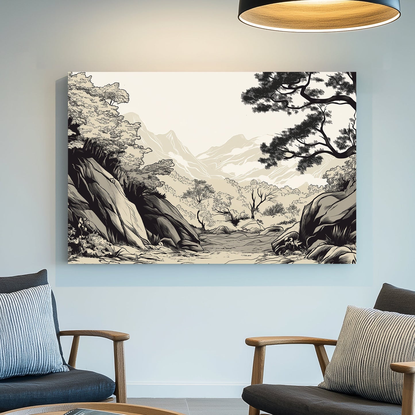 japanese ink art style valley landscape with trees and mountains in black and beige