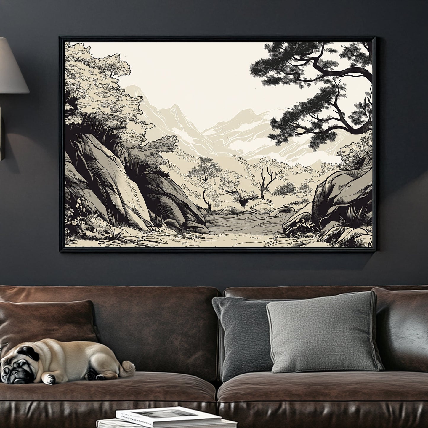 japanese ink art style valley landscape with trees and mountains in black and beige