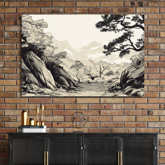 japanese ink art style valley landscape with trees and mountains in black and beige