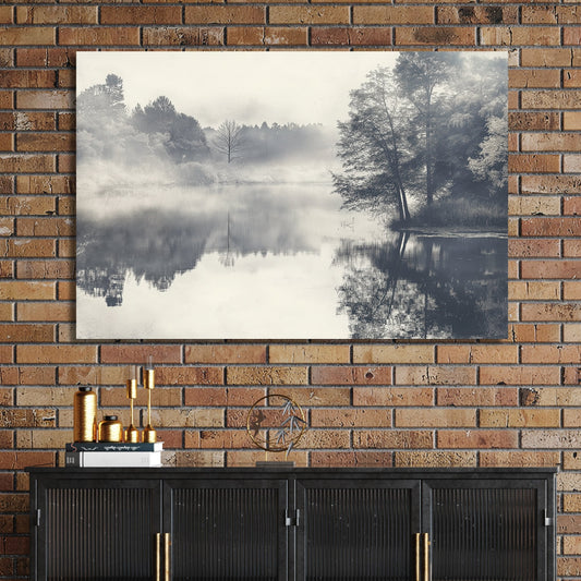 black and white landscape of foggy lake with trees reflected in still water