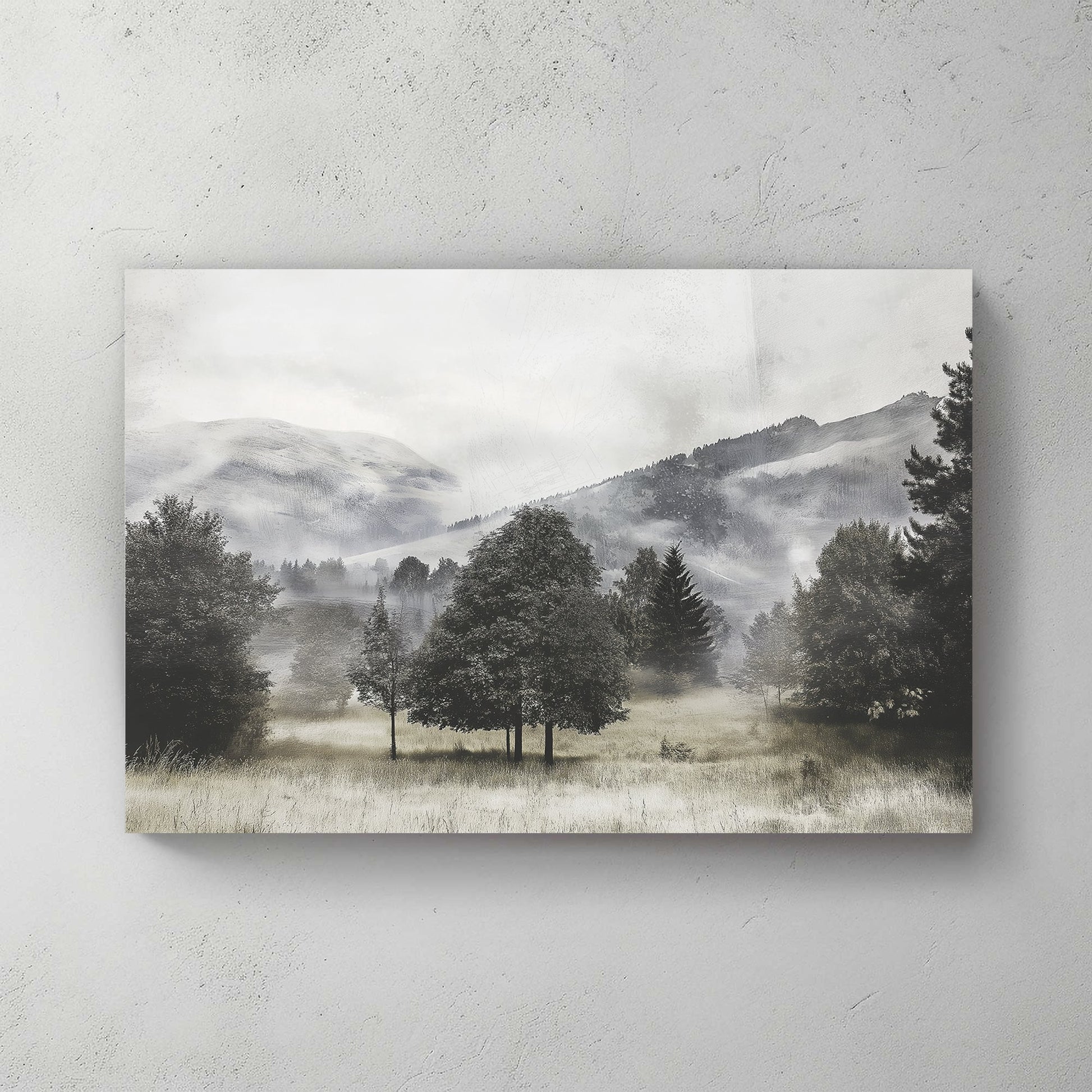 black and white landscape of foggy trees and distant hills in open meadow