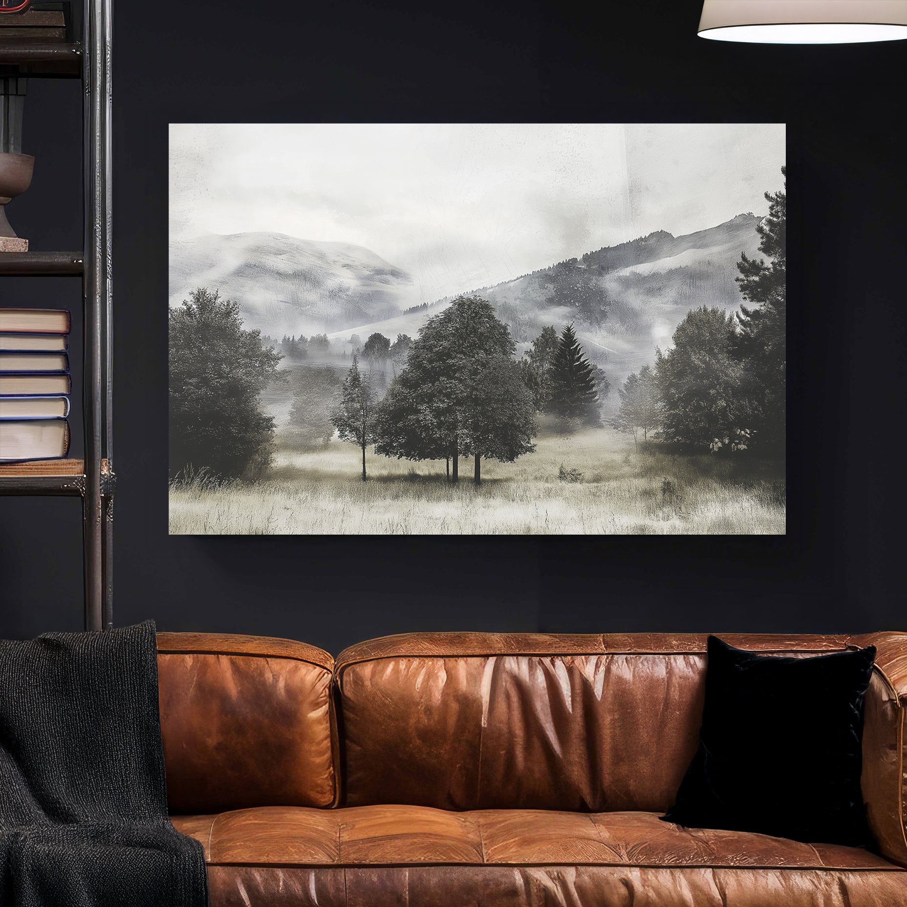 black and white landscape of foggy trees and distant hills in open meadow