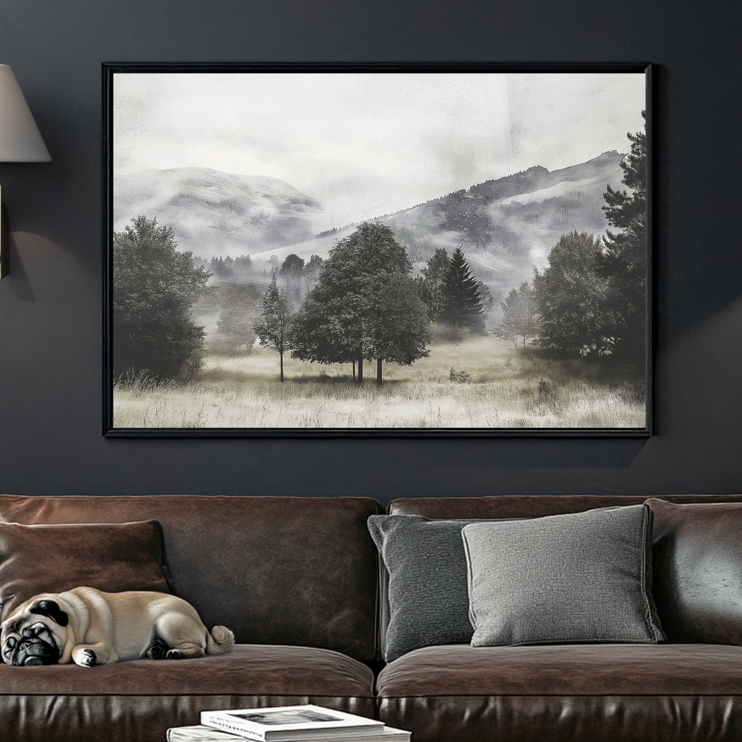 black and white landscape of foggy trees and distant hills in open meadow