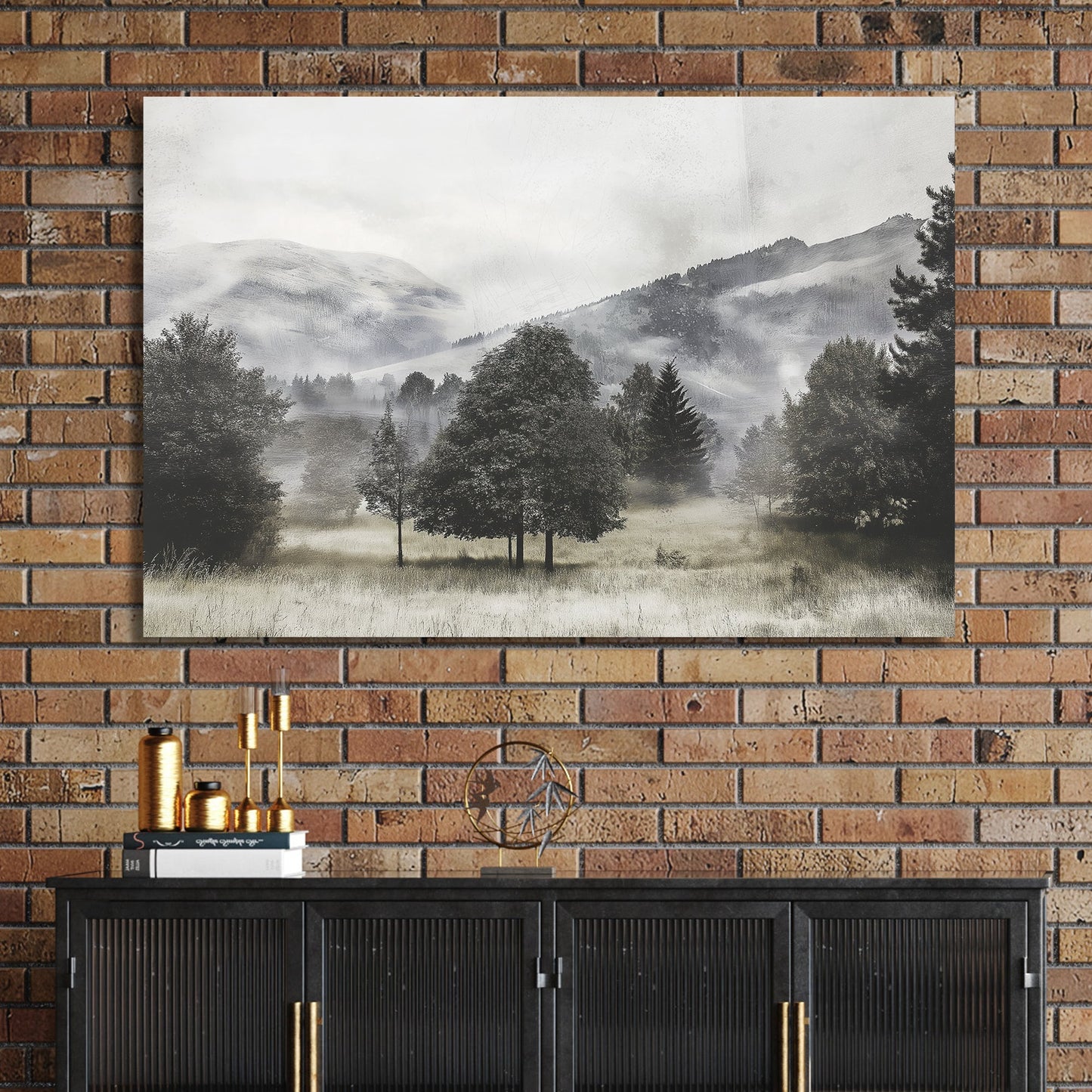 black and white landscape of foggy trees and distant hills in open meadow