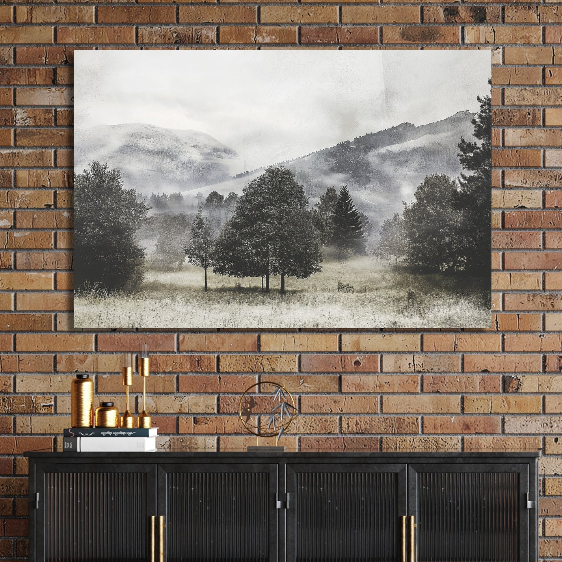 black and white landscape of foggy trees and distant hills in open meadow