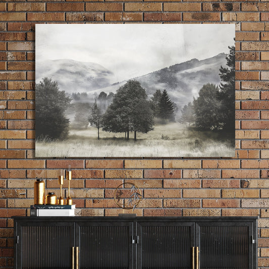 black and white landscape of foggy trees and distant hills in open meadow