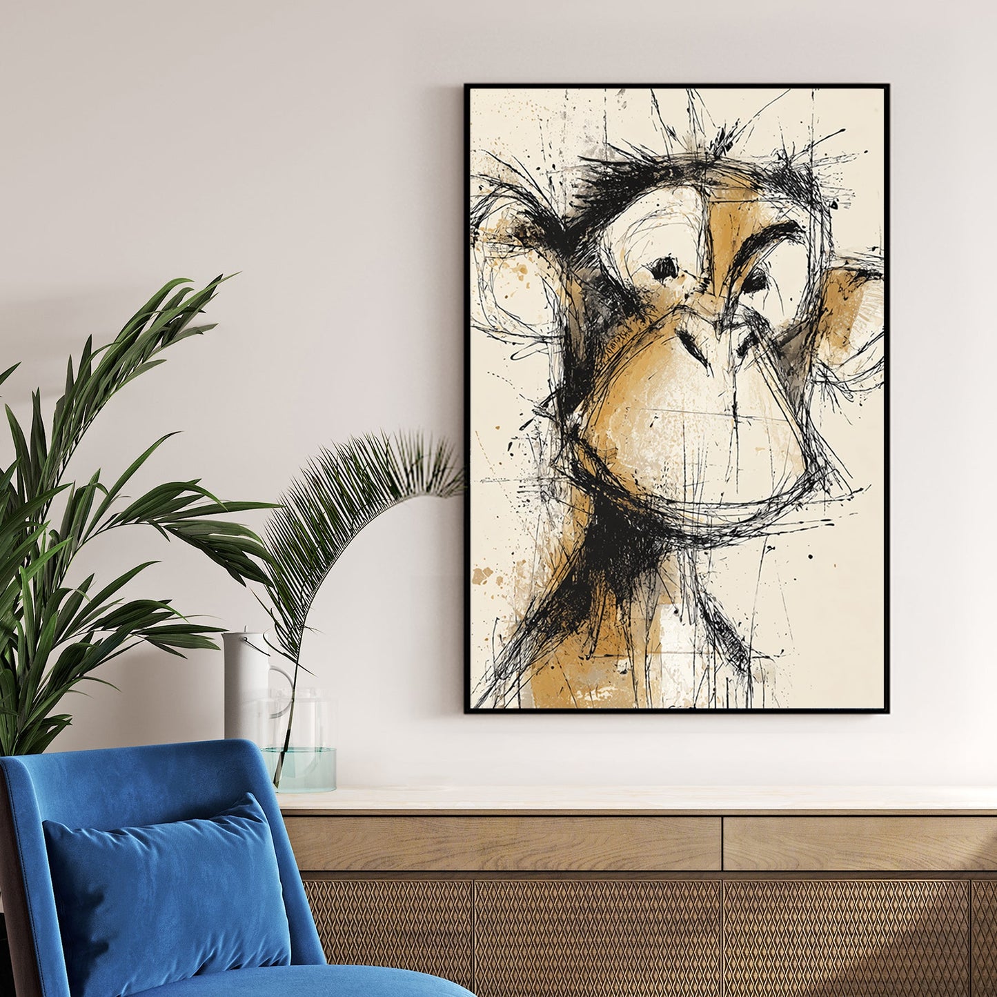 abstract sketch of a monkey face in brown and black ink splatter style