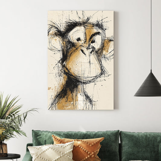 abstract sketch of a monkey face in brown and black ink splatter style