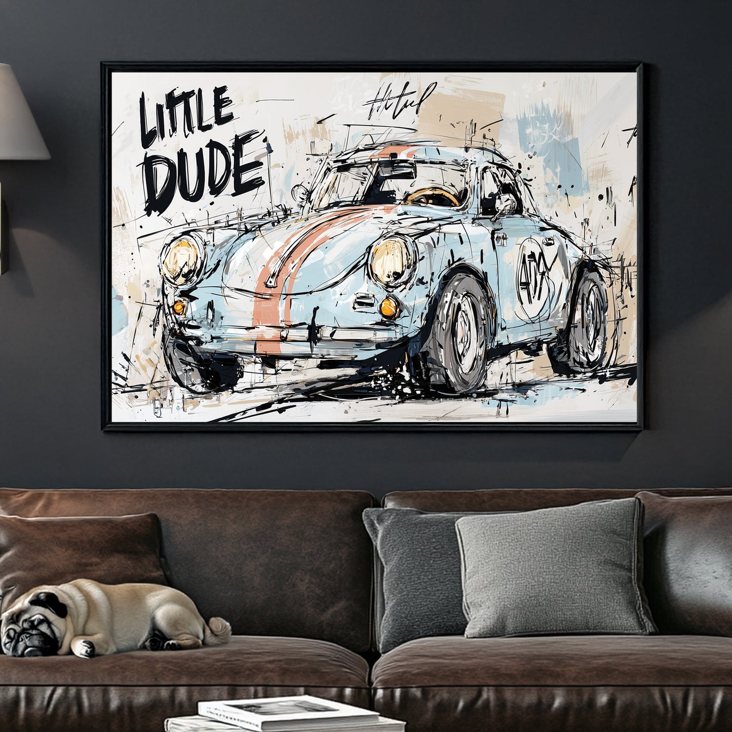 graffiti style vintage racing car wall art with text "Little Dude"