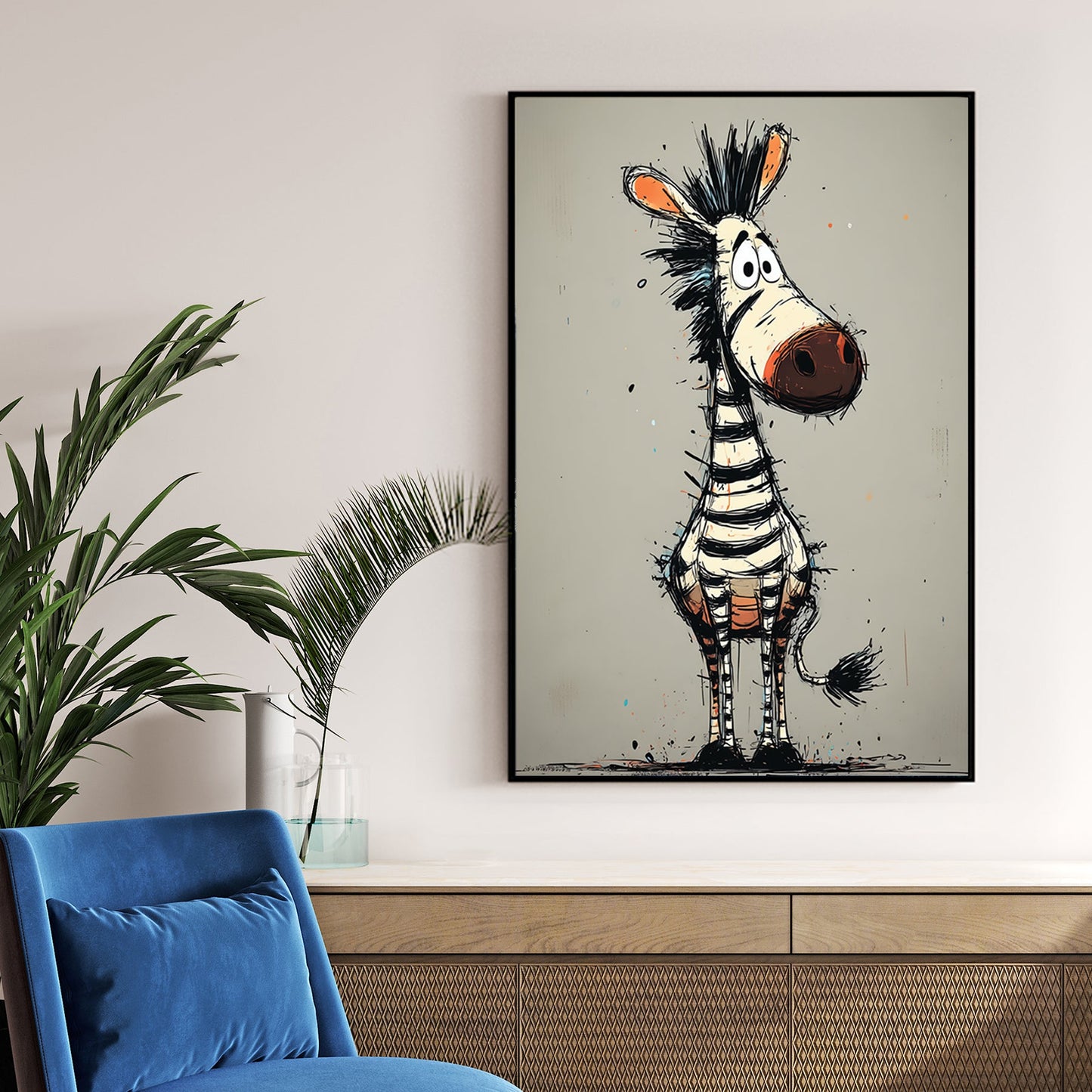 cartoon zebra wall art with doodle style and goofy expression