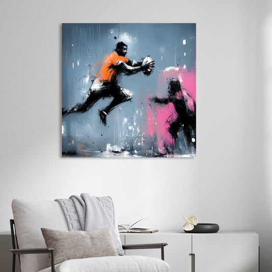rugby player in motion wall art with bold paint splashes