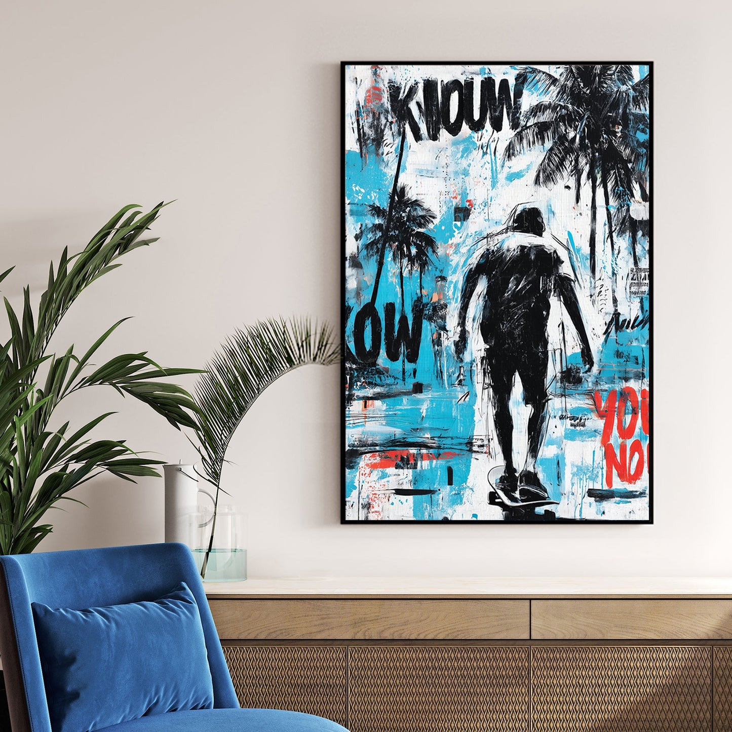 skateboarding wall art with palm trees and graffiti style elements