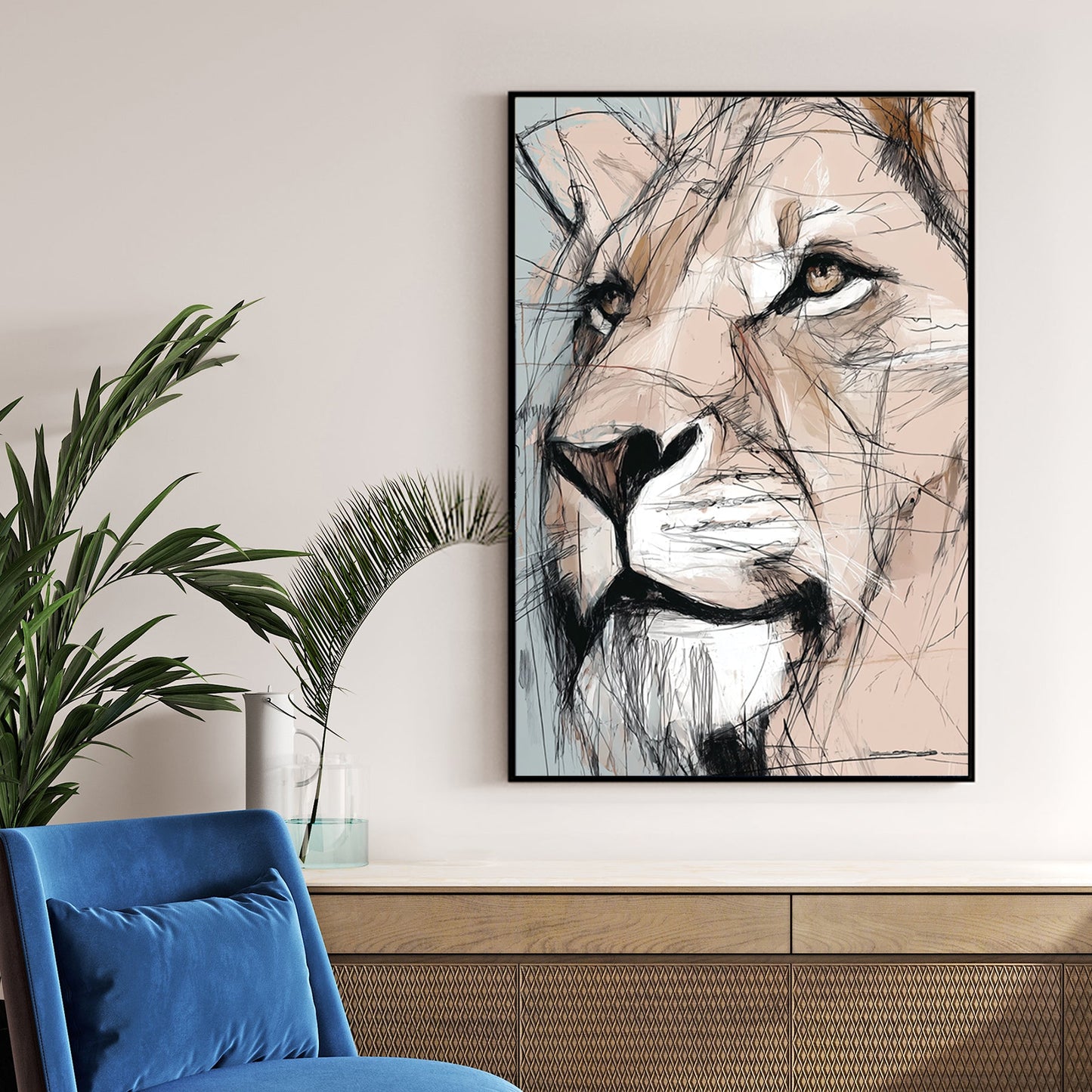 lioness portrait wall art with sketch-style detail and neutral tones
